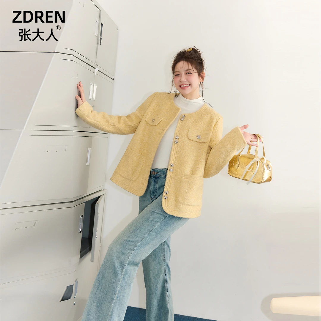张大人秋季大码女装微胖mm显瘦套装法式圆领小香风外套做旧牛仔裤