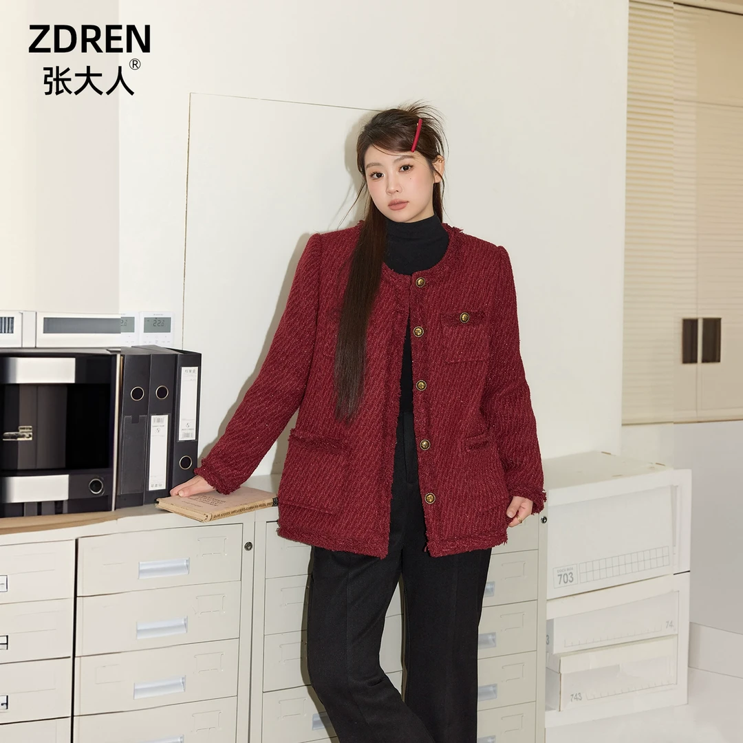 张大人大码女装胖mm安可拉红保暖小香风外套高腰喇叭裤子时尚套装