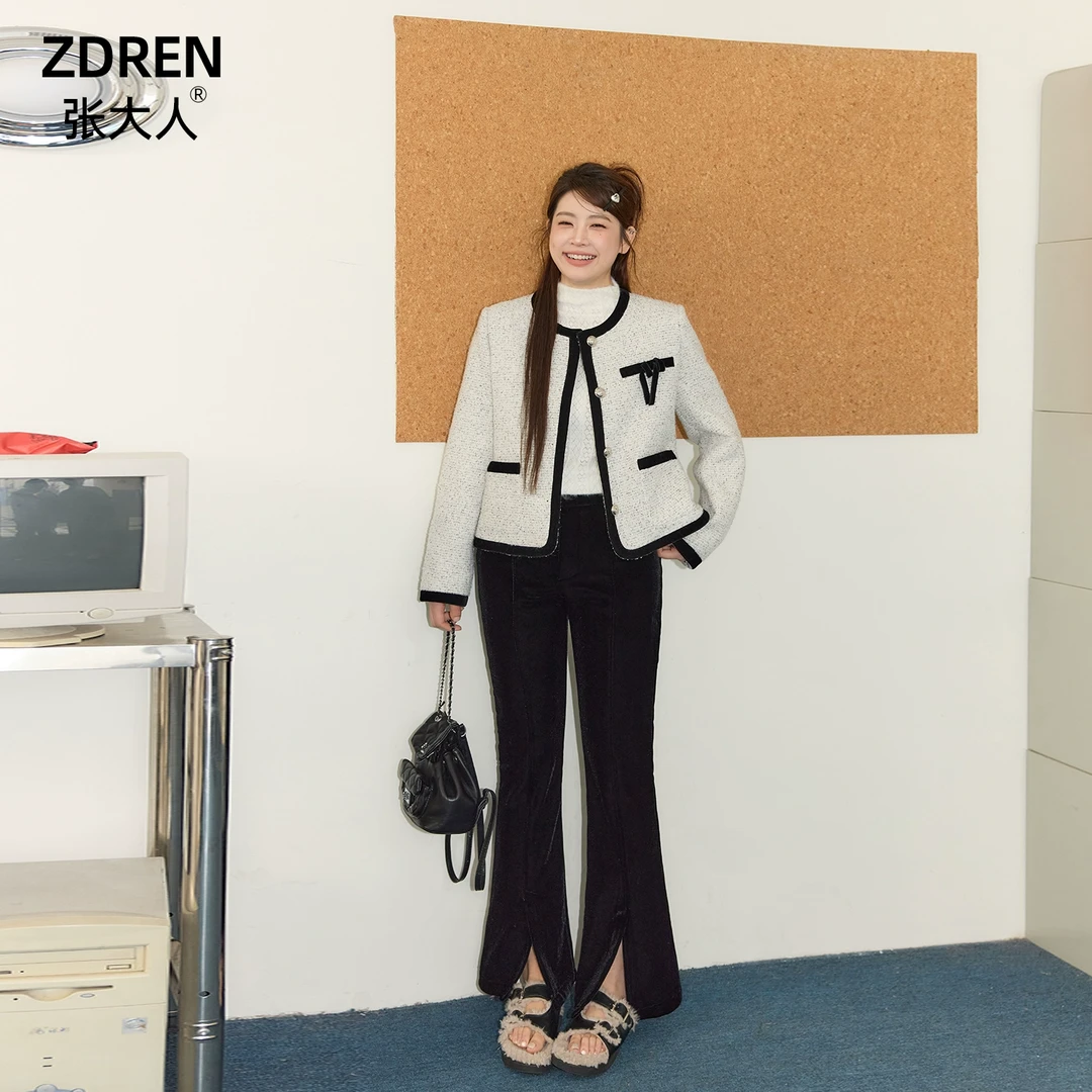 张大人秋冬名媛风大码女装微胖mm显瘦套装小香风外套微喇加绒裤子