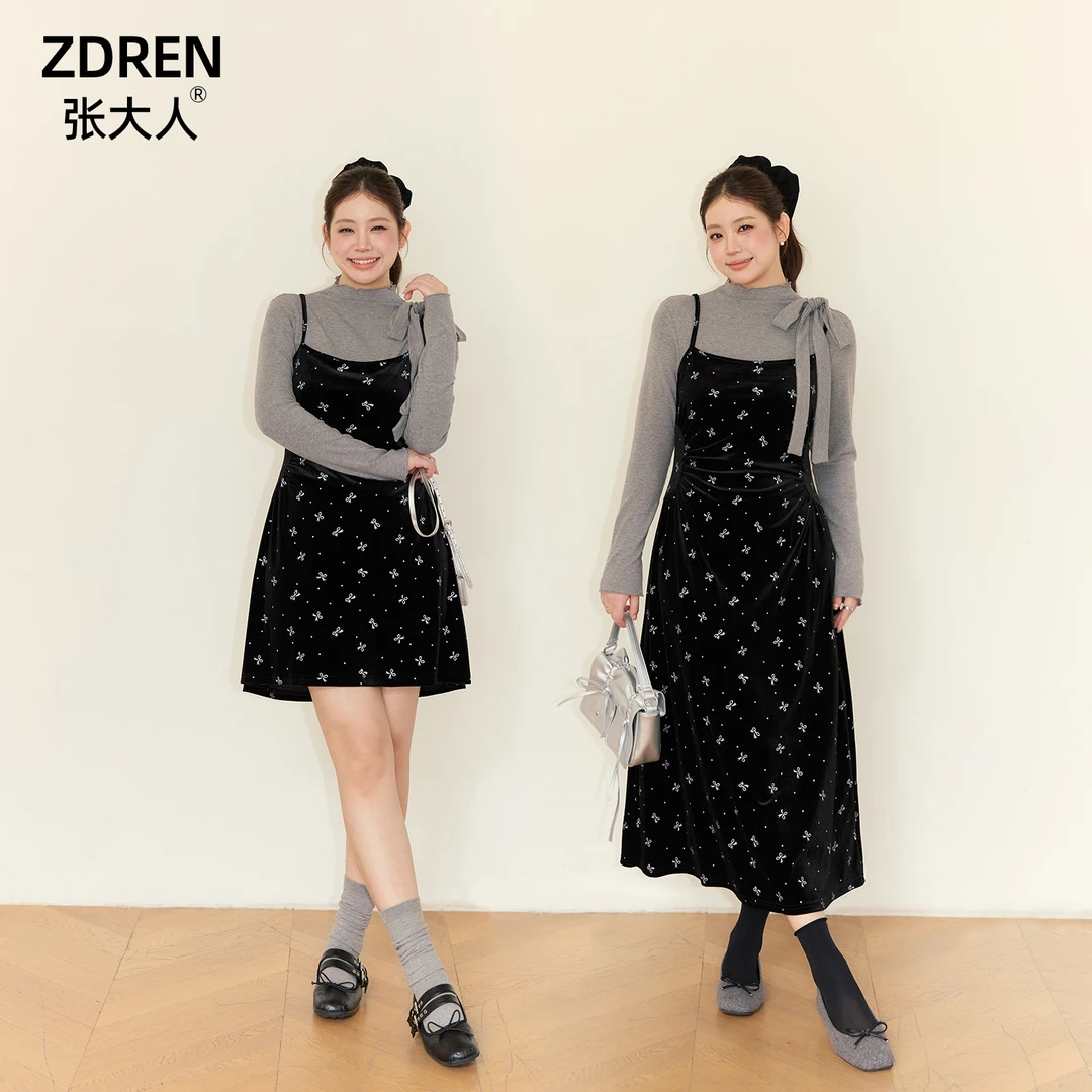 张大人南法露西大码女装蝴蝶结设计感显瘦遮肉丝绒吊带连衣裙套装