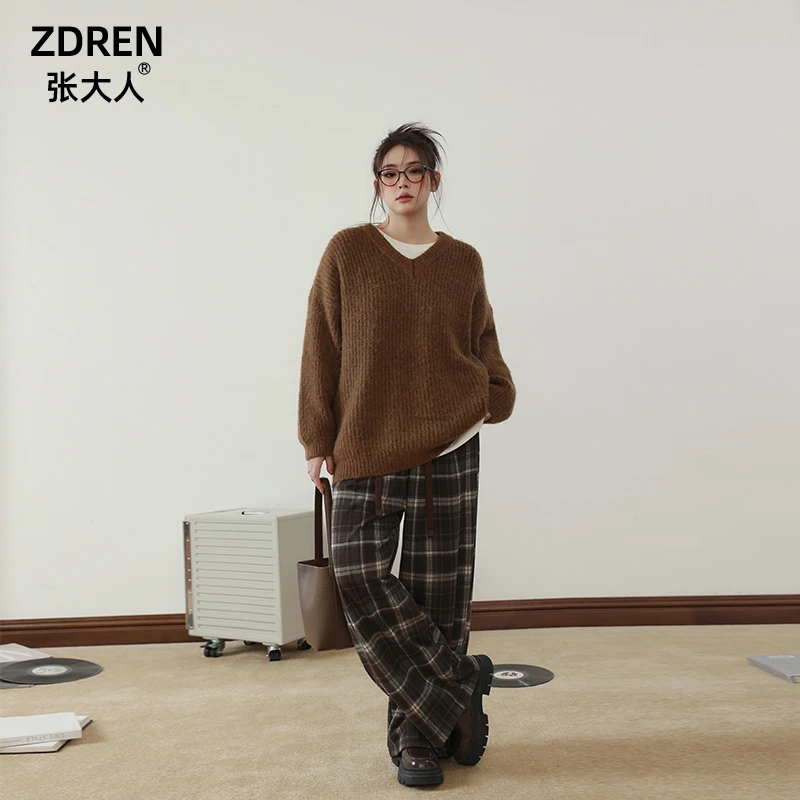 张大人大码女装胖妹妹mm韩范复古休闲慵懒格纹裤高腰显瘦遮肉裤子