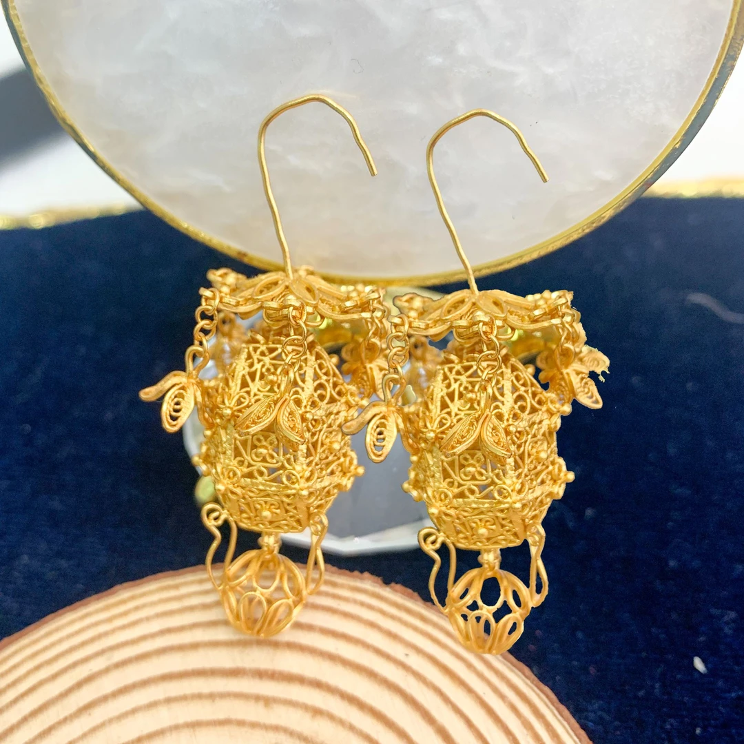 足银耳饰 金色楼阁宫灯 复古风 新中式 高级感  气质耳饰配饰