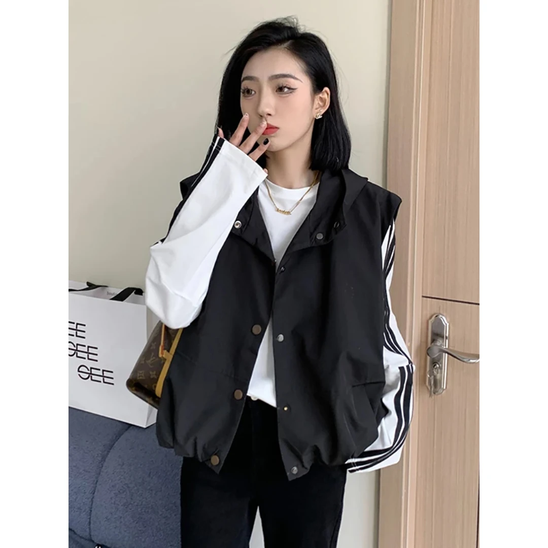 时尚连帽运动休闲马甲女外套秋装新款宽松休闲设计感小众坎肩马夹