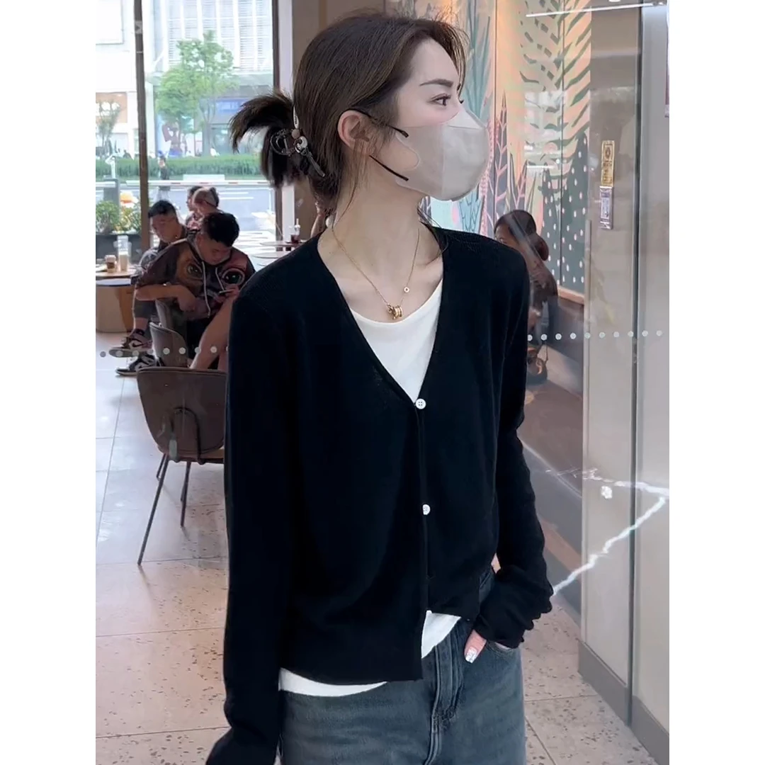 假两件拼接针织衫女秋冬季百搭宽松显瘦打底上衣时尚洋气v领气质