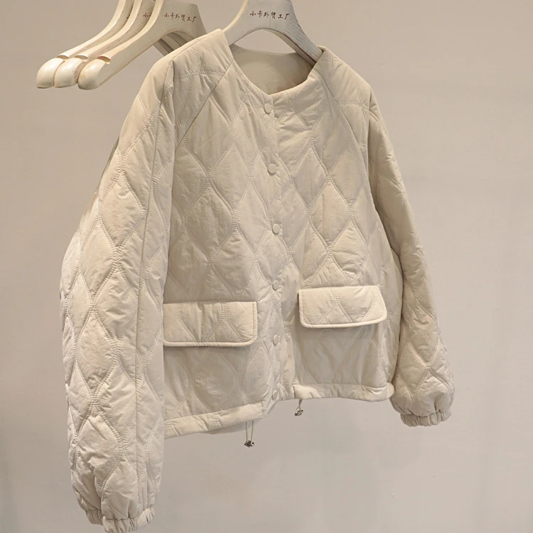 潮好看纯色菱格轻薄棉服女冬季时尚百搭宽松阔版保暖短外套棉袄