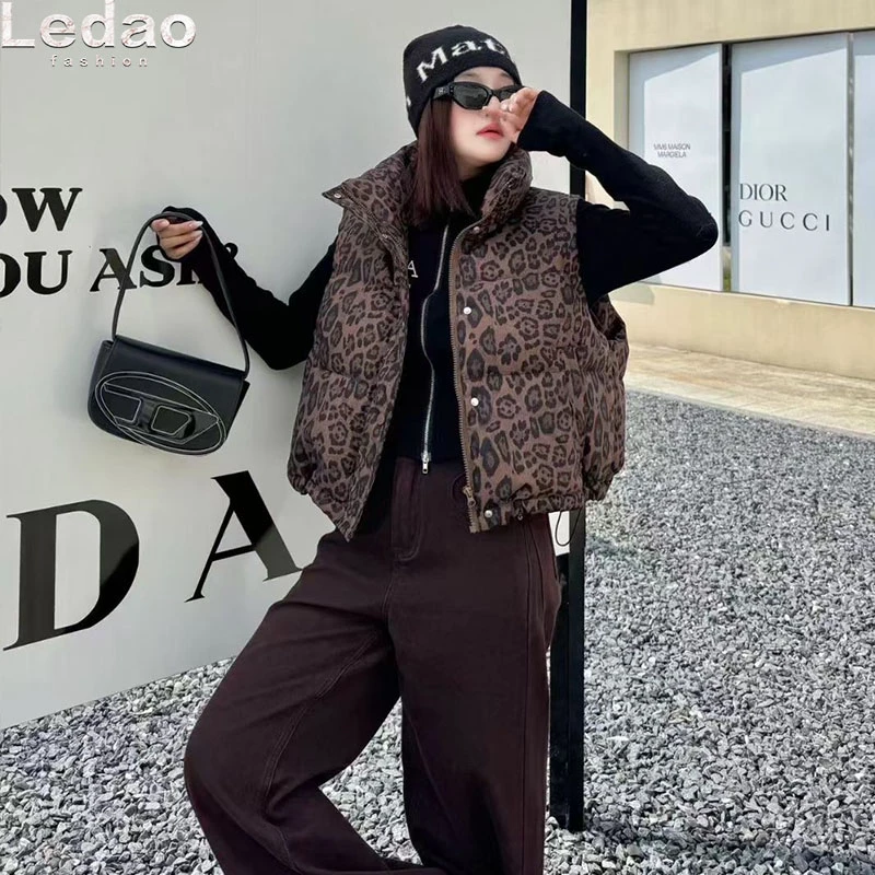 欧洲站新款羽绒服马甲女秋冬豹纹立领坎肩马夹白鸭绒背心保暖外套