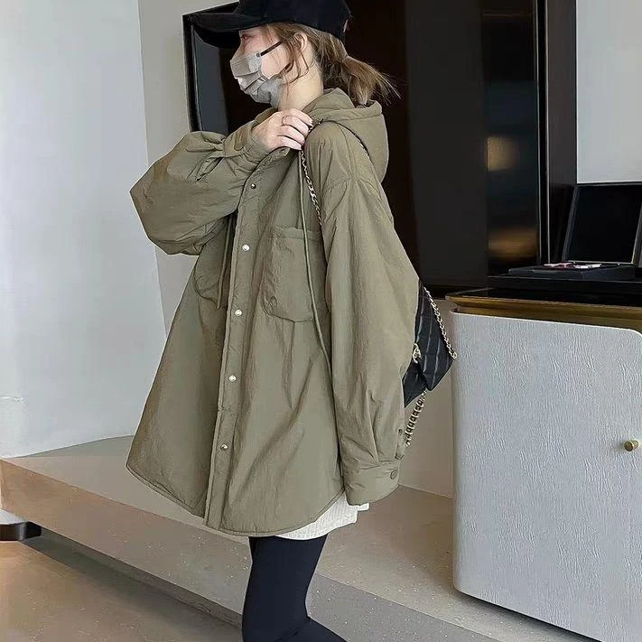 连帽秋冬新款欧货阔版衬衫棉衣中长款宽松减龄薄棉连帽外套潮