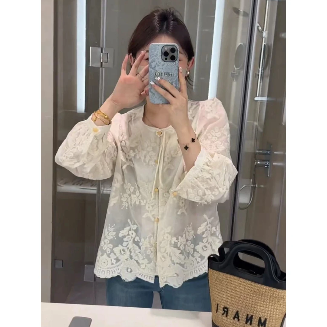名媛风蕾丝衬衫长袖2025春夏新款上衣国风复古刺绣勾花中式衬衣女