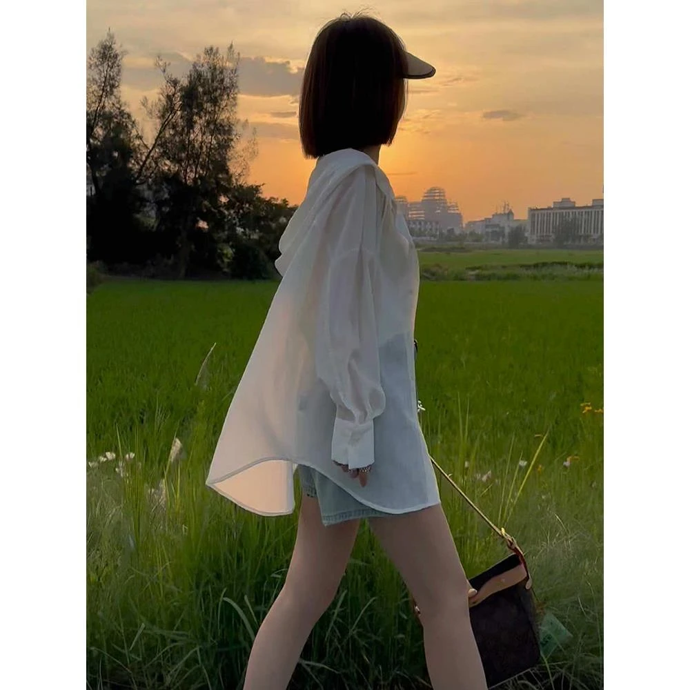 长袖衬衫外套女夏季衫新款衬衣新年宽松连帽防晒衣薄纱外穿上衣