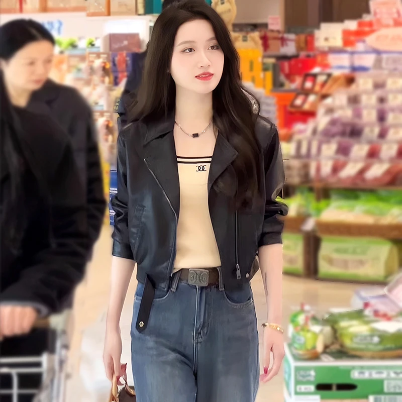 斜拉链短款小皮衣女时髦春秋季新款高级感洋气小个子机车夹克外套