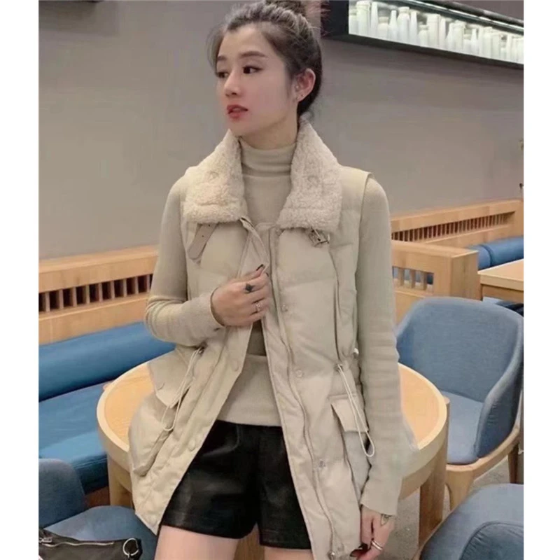 拼接翻领棉马甲女秋冬时尚新中长款宽松马夹背心外搭收腰加厚外穿