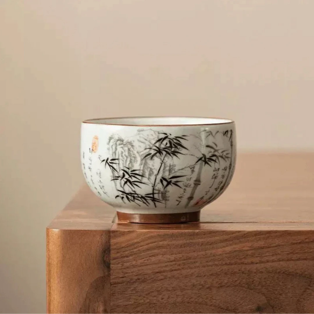 （亏本福利）汝窑墨竹铜钱杯陶瓷品茗杯墨竹杯主人杯