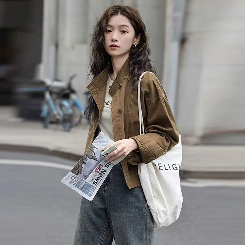 复古咖色牛仔短外套潮流小众宽松立领工装夹克上衣女早秋新款洋气