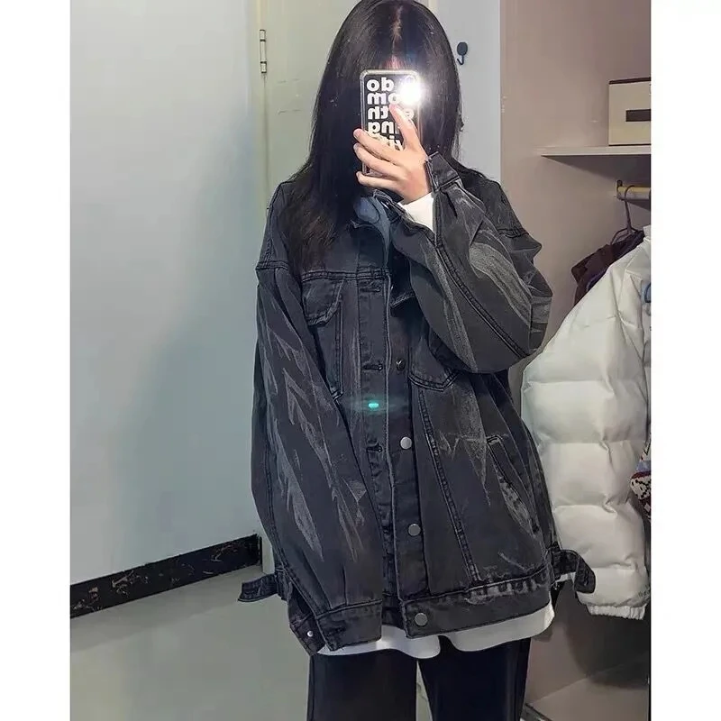 2024春秋港风系少女时尚炸街扎染中长款牛仔外套宽松牛仔外套女