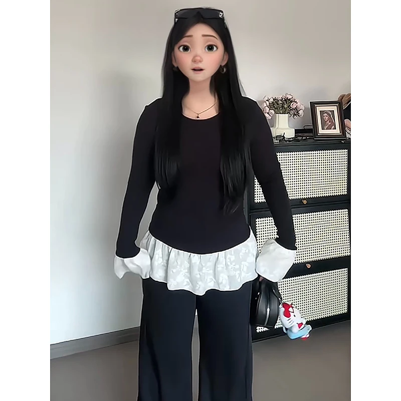 大码女装胖MM芭蕾风绣花拼接长袖打底衫T恤2024秋冬显瘦百搭上衣