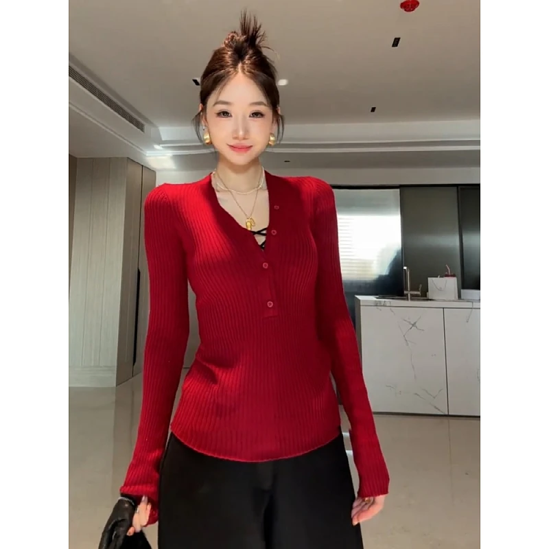 大码胖mm美式辣妹风红色V领针织衫女秋冬修身显瘦叠穿上衣两件套