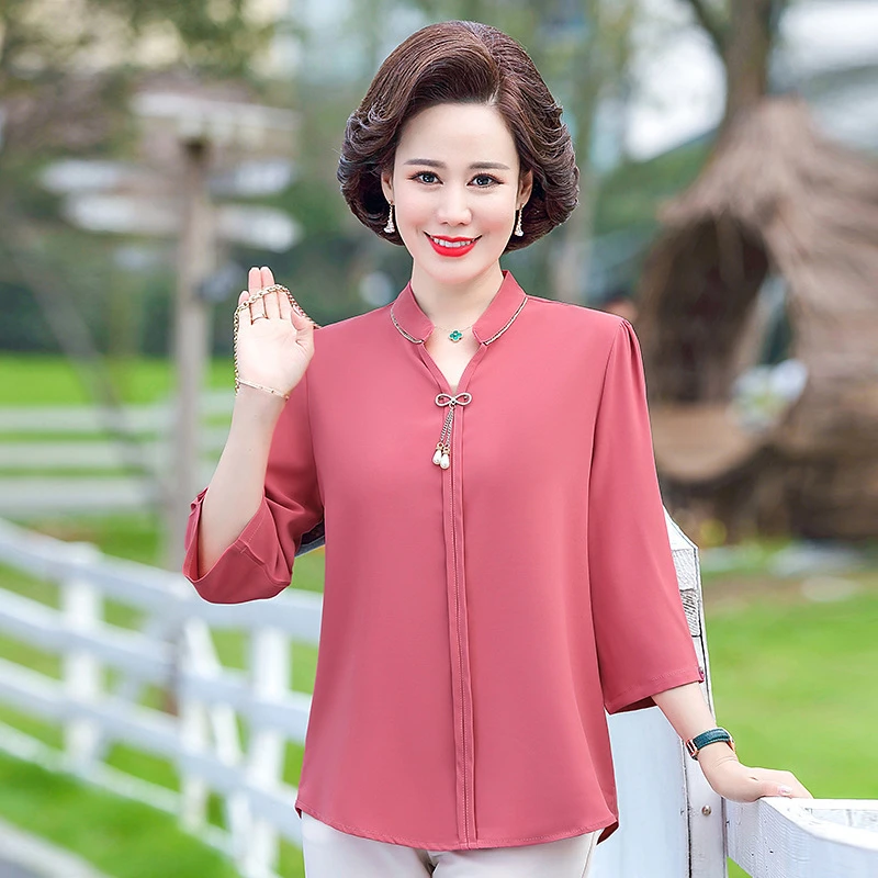 2023年春秋新款中老年女装七分袖上衣妈妈装夏装宽松小衫洋气衬衫
