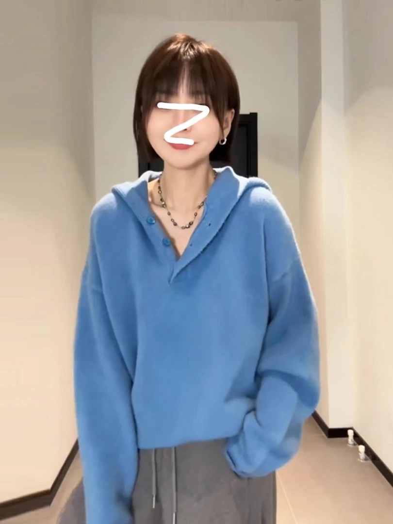 JIUJIU【吐丝的泡芙】毛衣秋冬韩系百搭简约小众连帽针织衫上衣女