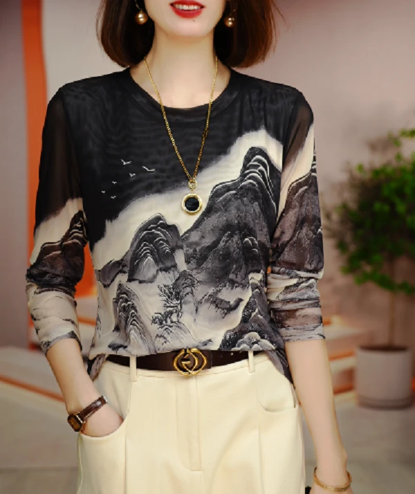 新款肌肤网纱上衣小衫透气双层高级百搭显瘦套头洋气