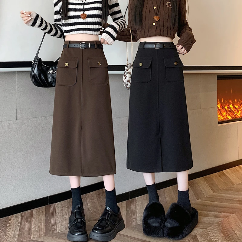 气质半身裙女秋冬高腰毛呢半身裙中长款a字裙设计感小个子开叉裙
