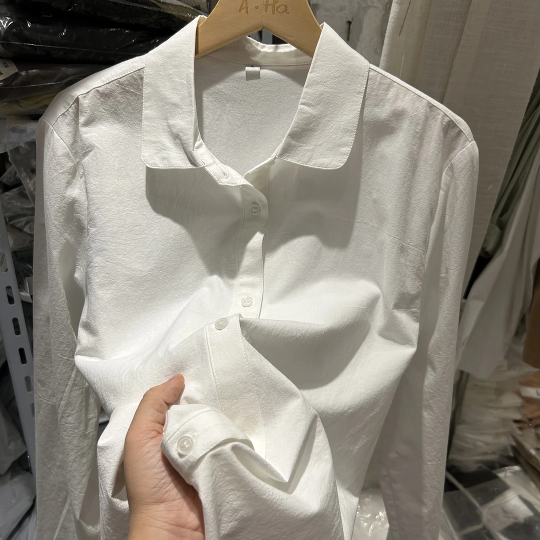 阿哈家 娃娃纯色领小清新翻领百搭长袖衬衫简约显瘦