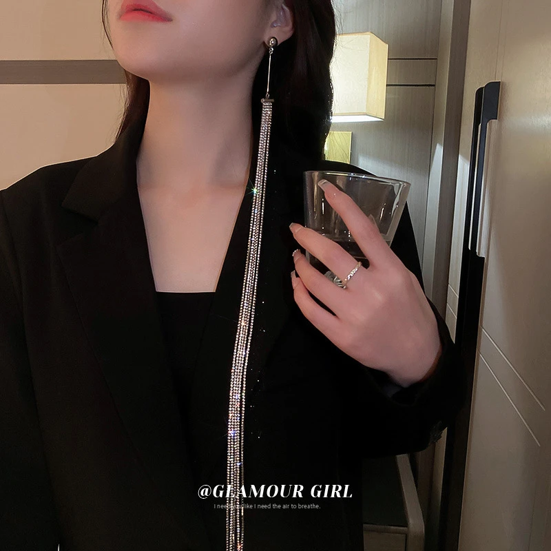 央轻奢原创设计冷淡风长款镶钻流苏耳环钢针单只欧美夸张个性小