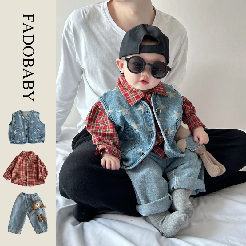 2025春秋韩系童装儿童红格子衬衫牛仔马甲裤子婴幼儿洋气2件套装