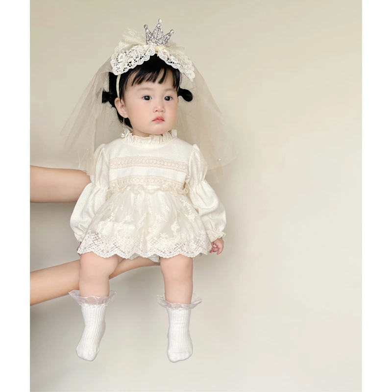 2025春装新款婴幼儿华夫格花边长袖连体哈衣裙女婴儿公主包屁爬服