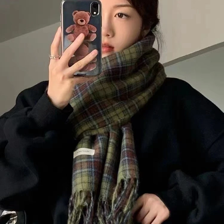 冬季韩国双面绿色格子围巾女百搭日系复古高级感保暖长款披肩围脖