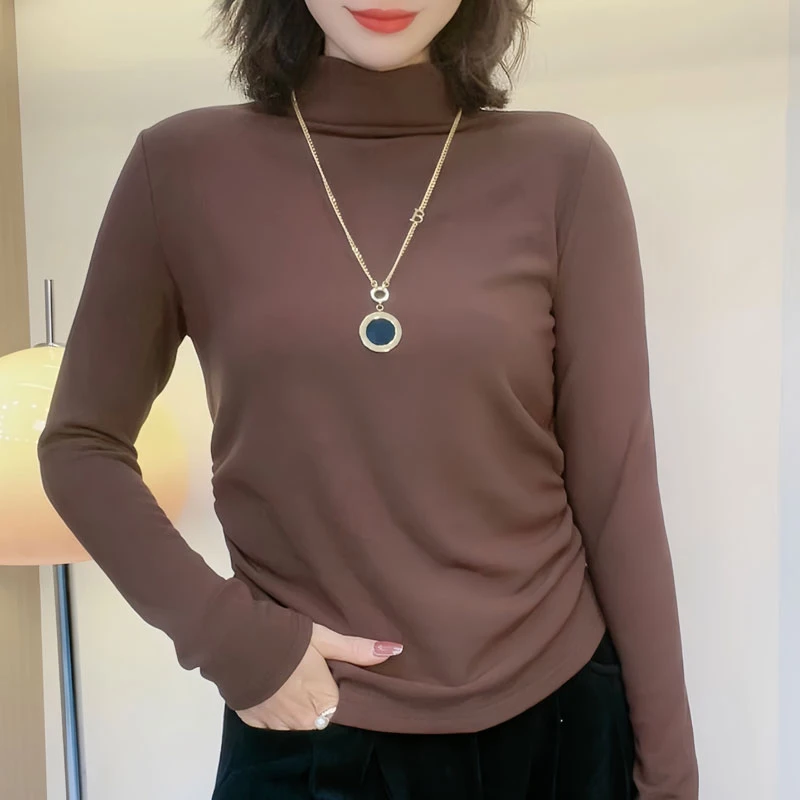 半高领打底衫女款2023秋冬季洋气显瘦设计感小众加绒长袖保暖上衣