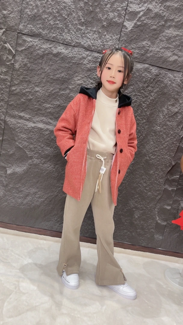 欧潮女童秋冬毛呢外套上衣时尚休闲童装格子大衣春季针织格纹儿童