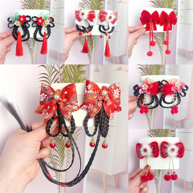 中国风新年头饰儿童过年发饰女童假发蝴蝶结拜年发卡宝宝过年头饰