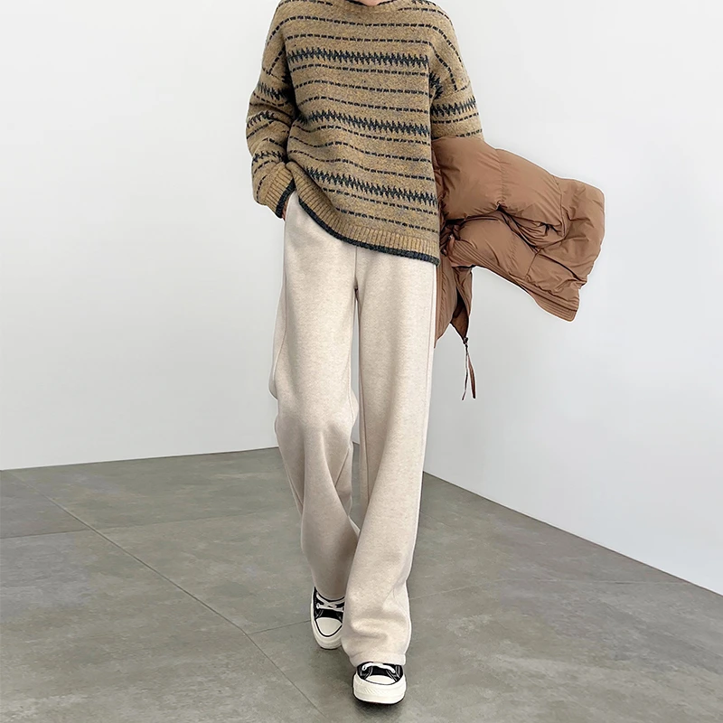 阔腿裤女秋冬加厚高腰人字呢窄版加绒显瘦休闲垂感直筒裤子2023女