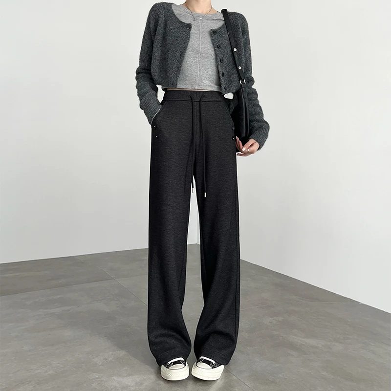 黑色加绒直筒裤女秋冬季2024新款高腰显瘦大码毛呢垂感窄版阔腿裤