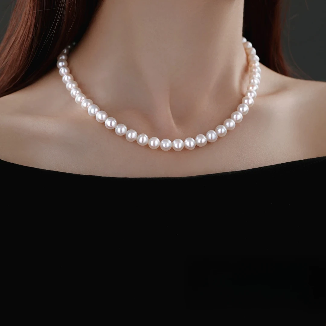 极光优+7-8.5mm天然淡水无核珍珠近圆极微微暇高亮串珠珍珠项链