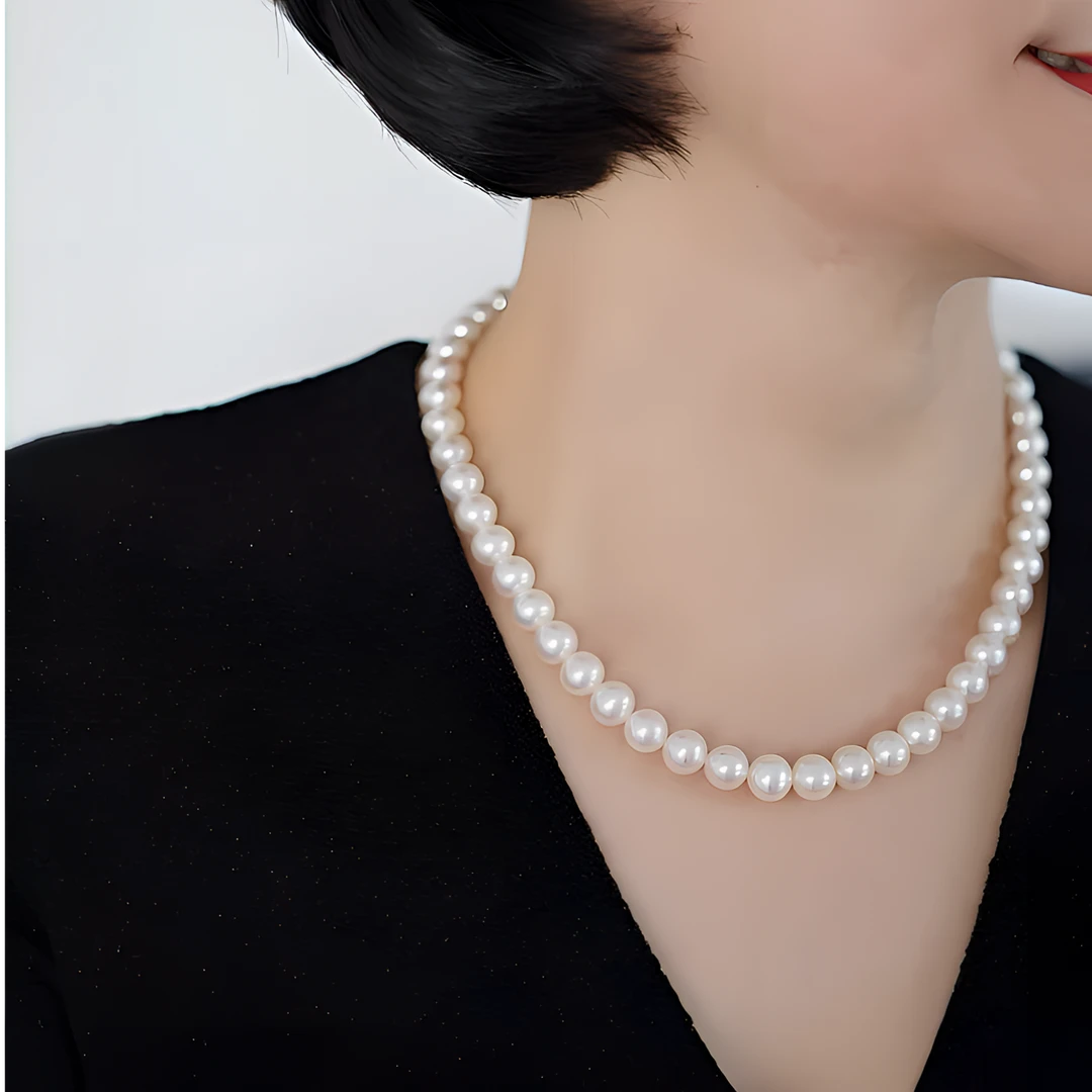 无核珍珠项链8-9.5mm天然淡水珍珠项链强光近正圆微微瑕轻奢珠宝