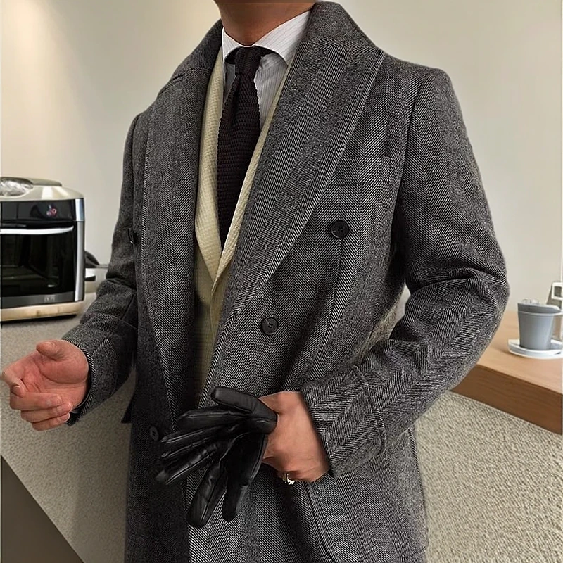 cf修峰意式复古马球大衣冬季羊毛人字纹中长款毛呢双面保暖外套男