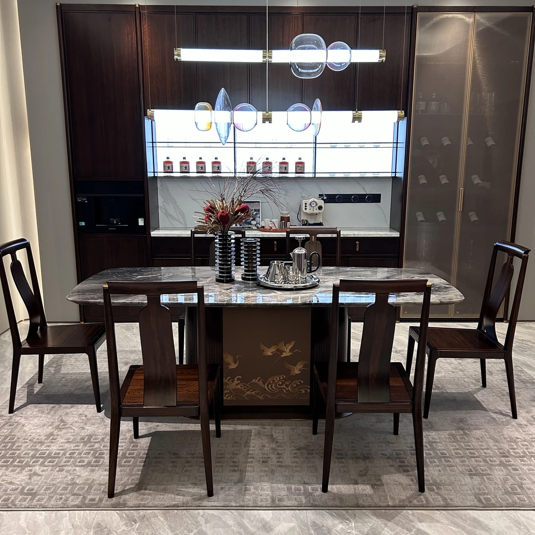 【璞悦】国潮新中式黑檀木界意长餐桌奢石桌面2.2米大户型工厂直营