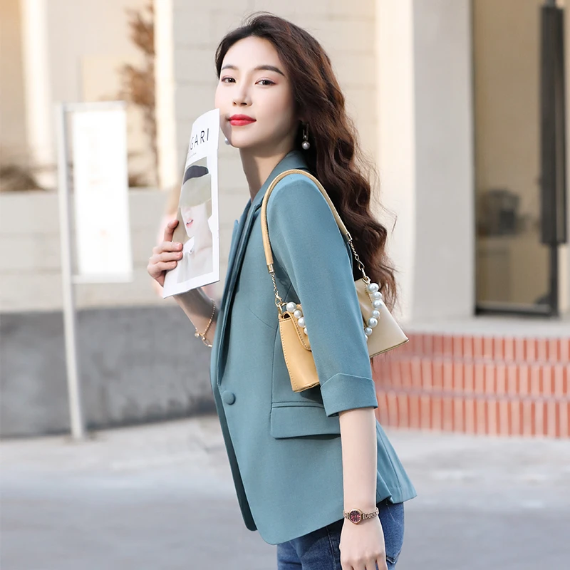 蓝色西装外套女休闲上衣春夏季薄款韩版修身短款小个子洋气西服