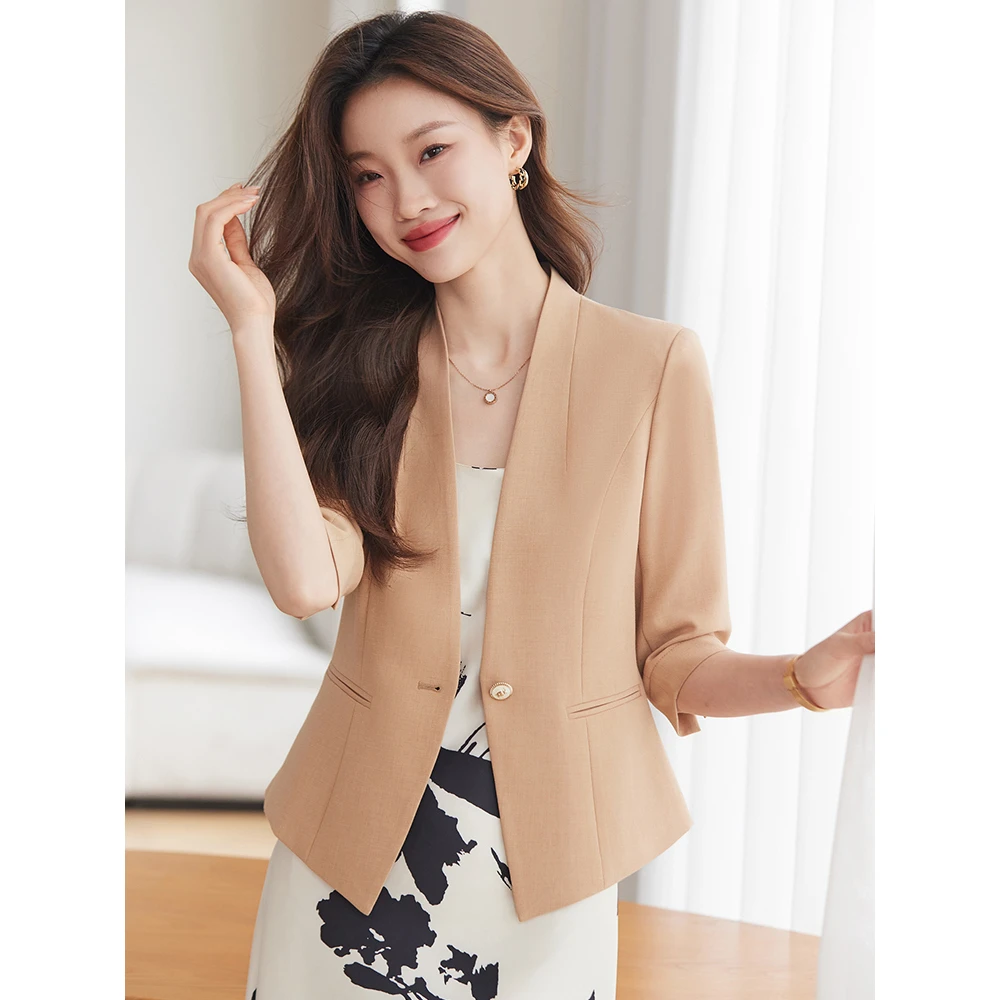 小西装外套女春秋2025新款小个子高级感七分袖无领休闲小西服上衣