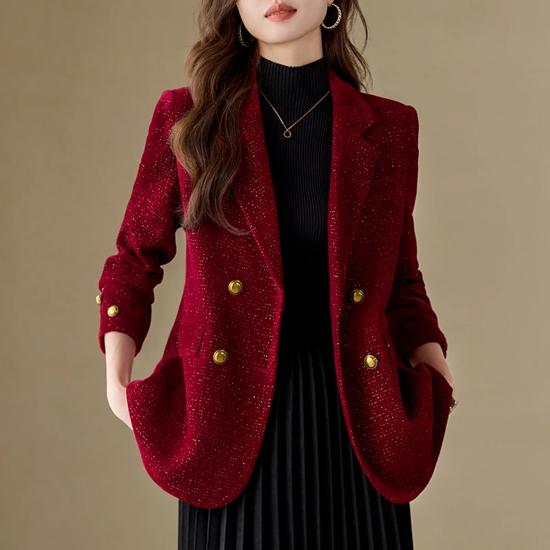 红色小香风西装外套女2025新款高级感小个子休闲西服套装冬季上衣