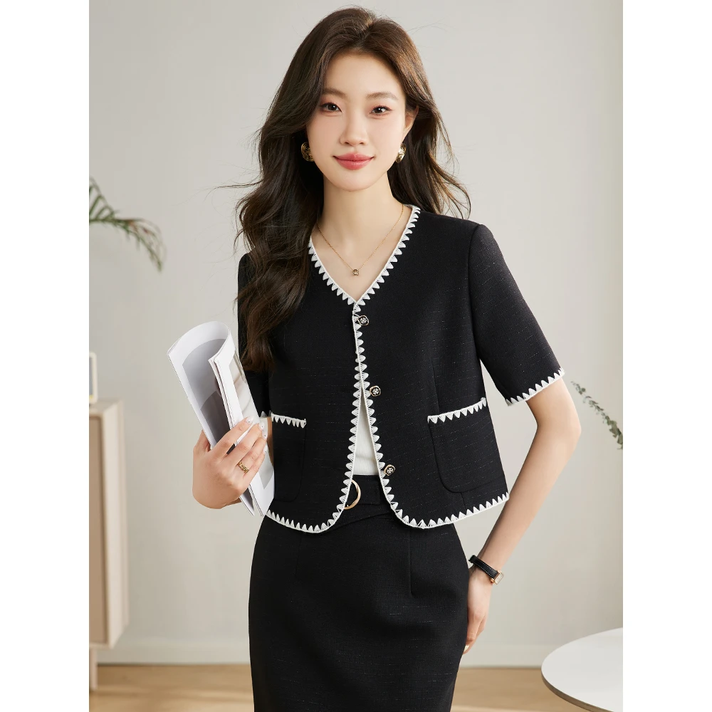 黑色小香风短外套女短袖夏季薄款2024新款小个子职业通勤西装套裙
