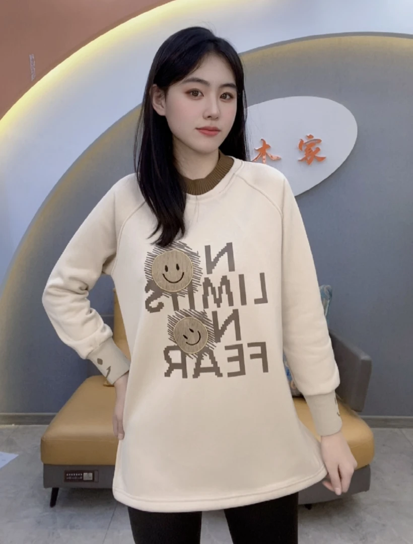 休闲圆领长袖加绒加厚印花卡通冬季百搭时尚韩版长款卫衣