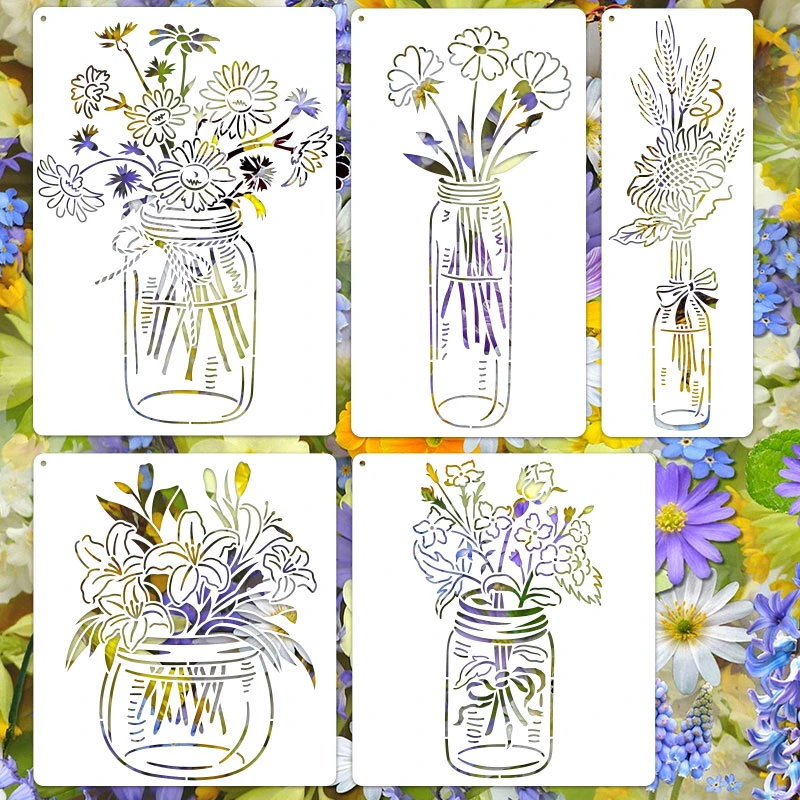 新款梅森花瓶花朵镂空绘画手抄报模板儿童画画diy素材手帐软尺子