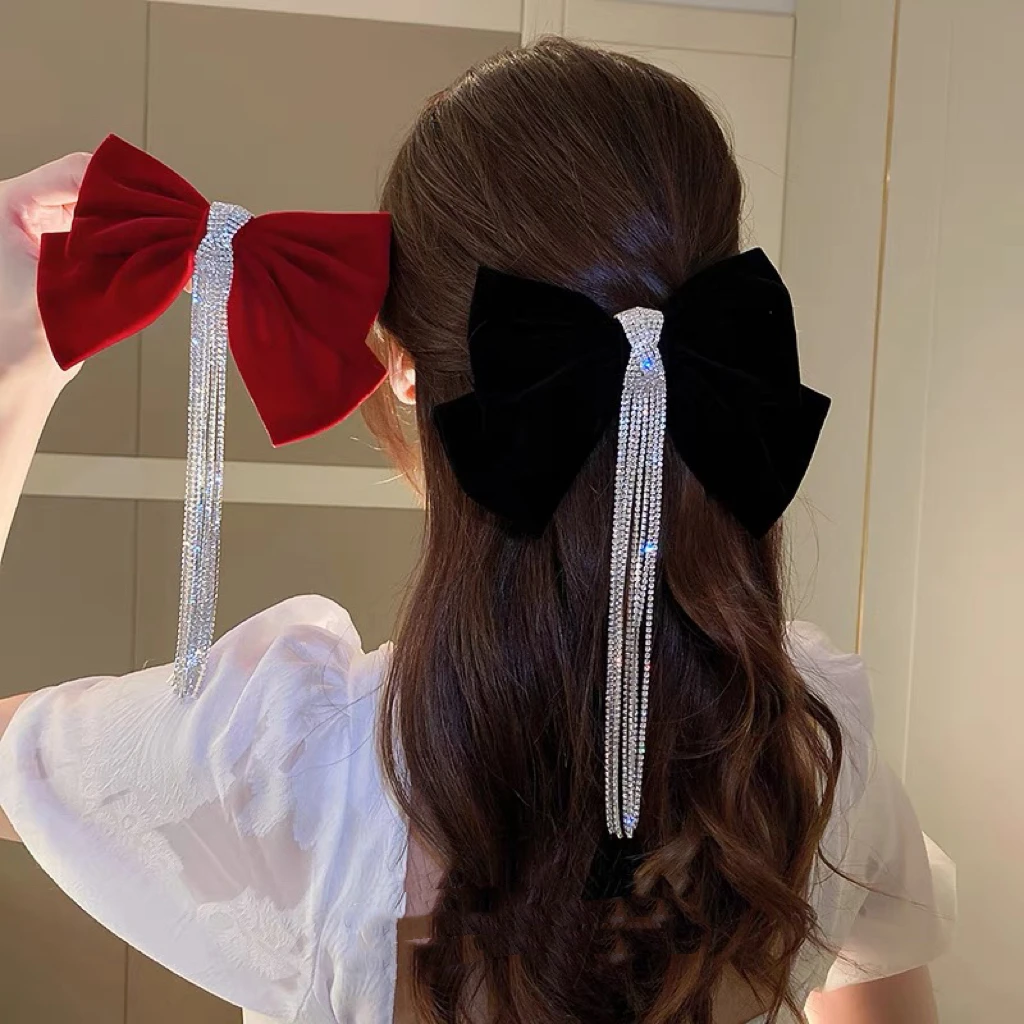 布艺发饰 蝴蝶结发夹女新款高级感新娘敬酒服大黑色丝绒流苏头饰