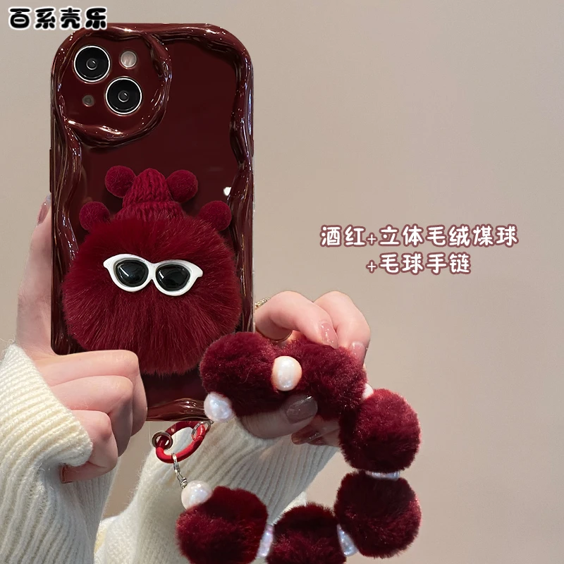 苹果15/华为/vivo/oppo/小米iPhone14promax毛绒煤球小众手机壳女