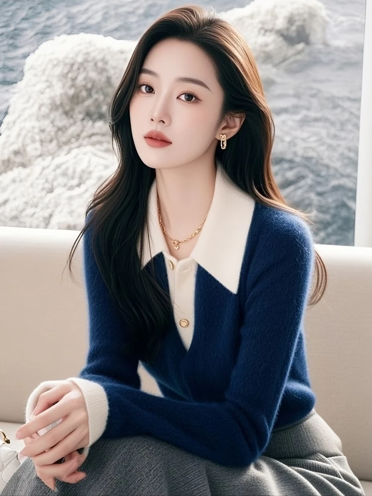 女款新款今年流行漂亮高级秋冬小香风假两件蓝色针织上衣貂毛衣女