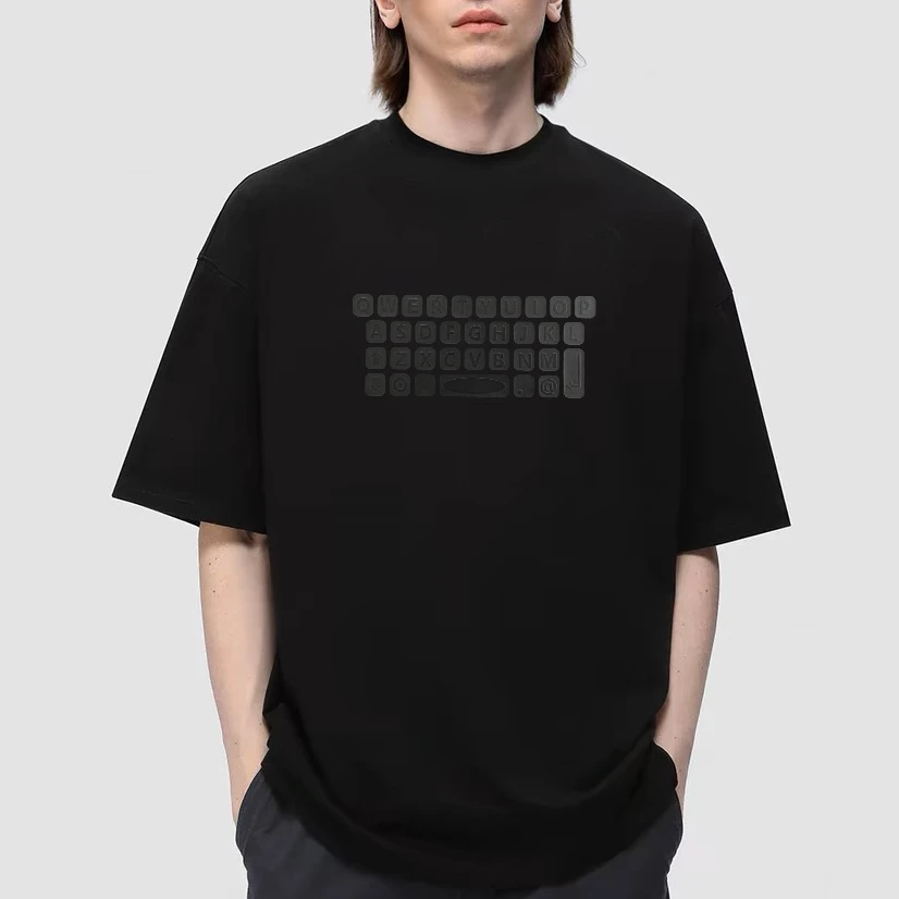 凉感防晒小圆领落肩宽松键盘立体字母印花情侣棉质T恤男女