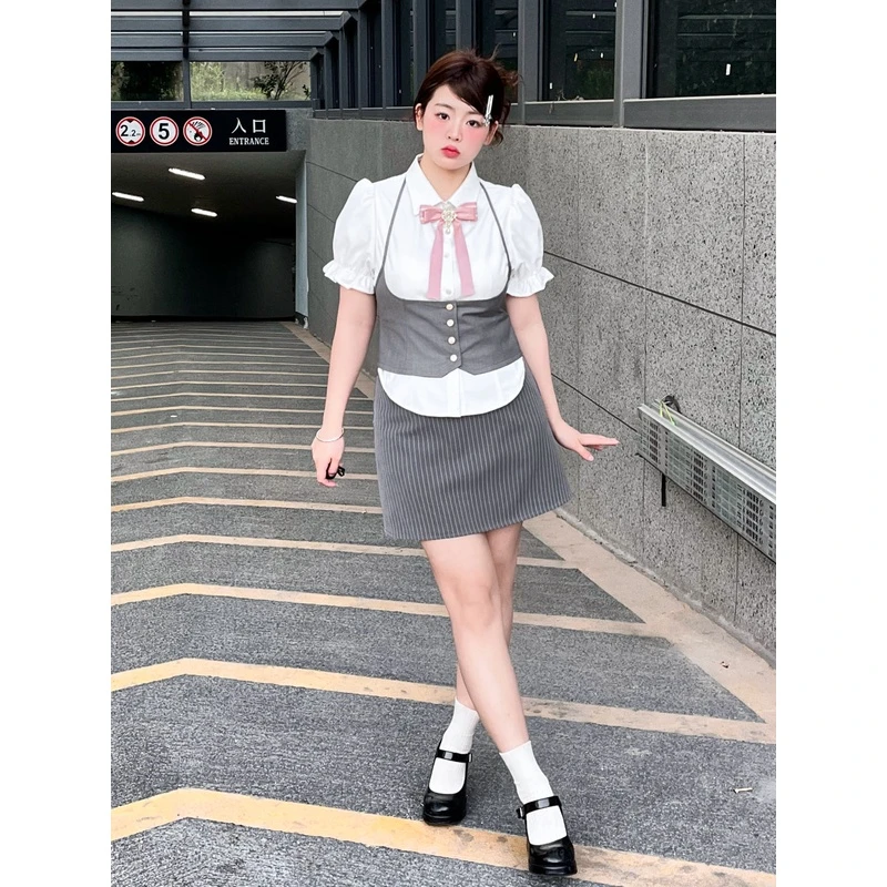 阿车家的大码jk原创辣妹套装裙衬衫马甲半身裙胖mm显瘦三件套舒适