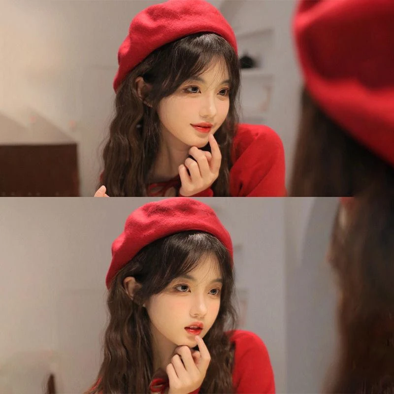 2024新款过年帽子女新年红色贝雷帽洋气秋冬显脸小蓓蕾帽冬季装饰